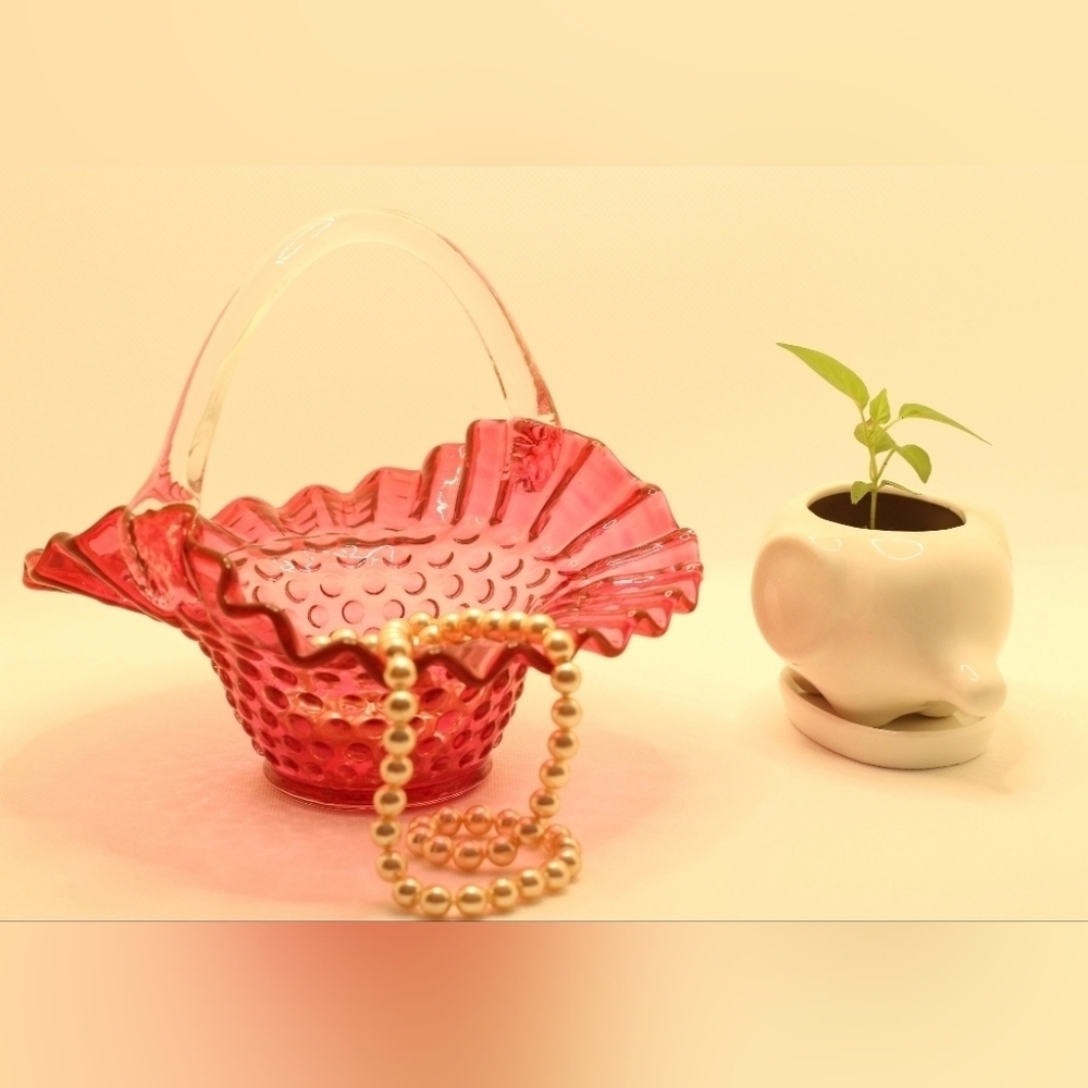 Fenton Cranberry Hobnail Basket - Picture 2 of 3